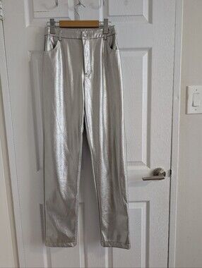 SALTY Silver Metallic Faux Leather Straight Leg Pants Y2K Cyber Punk High Rise S